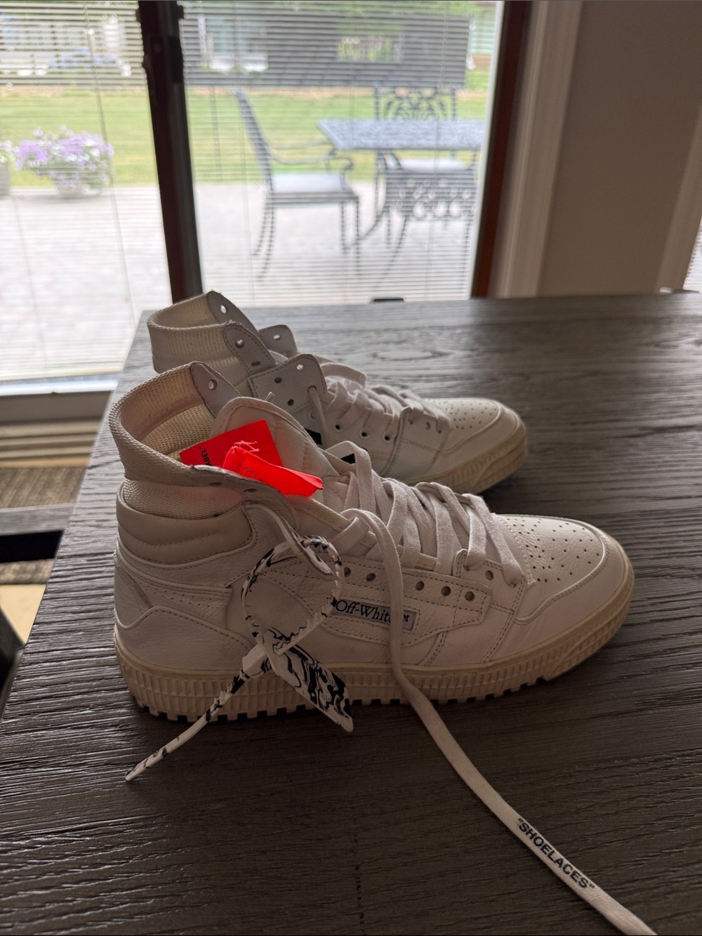 Off-White White High-Top Sneakers with Red Zip Tie Accent